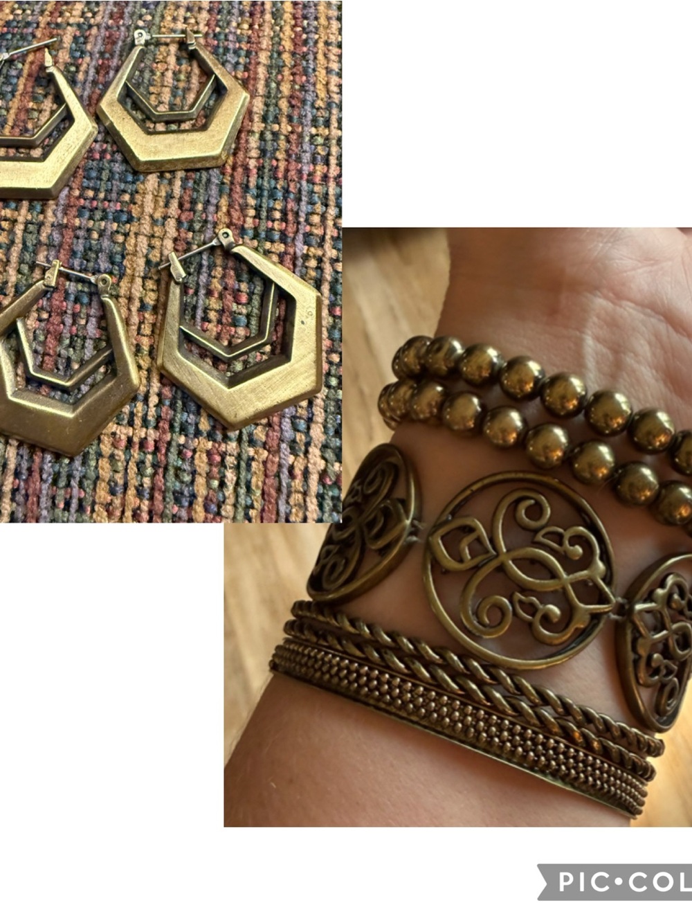 Vintage Bronze Boho Bracelet Stack, 6-piece & 2 pair Hexagon Hoop Earrings Set